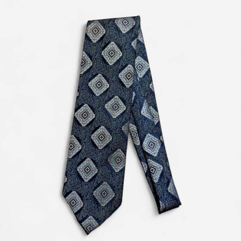 Vintage Christian Dior Tie New York Paris Navy Blue Geometric Medallion Necktie
